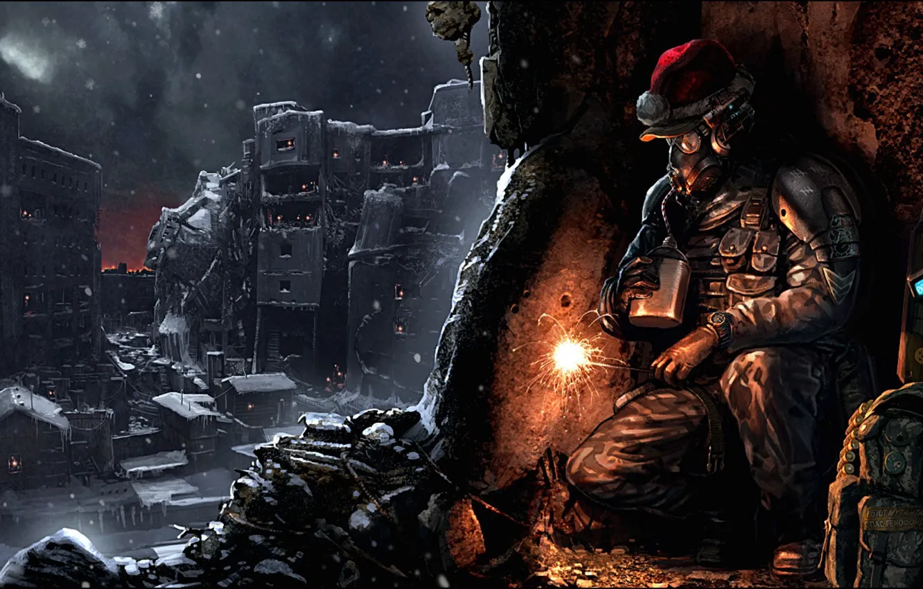 Photo wallpaper Christmas, gas mask, Sparkler