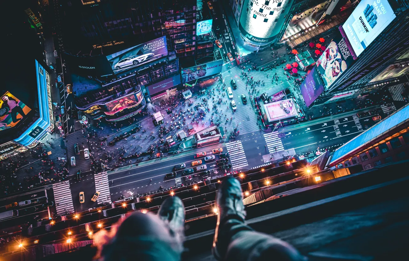 Photo wallpaper city, lights, cars, night, skyscraper, street, people, New-York