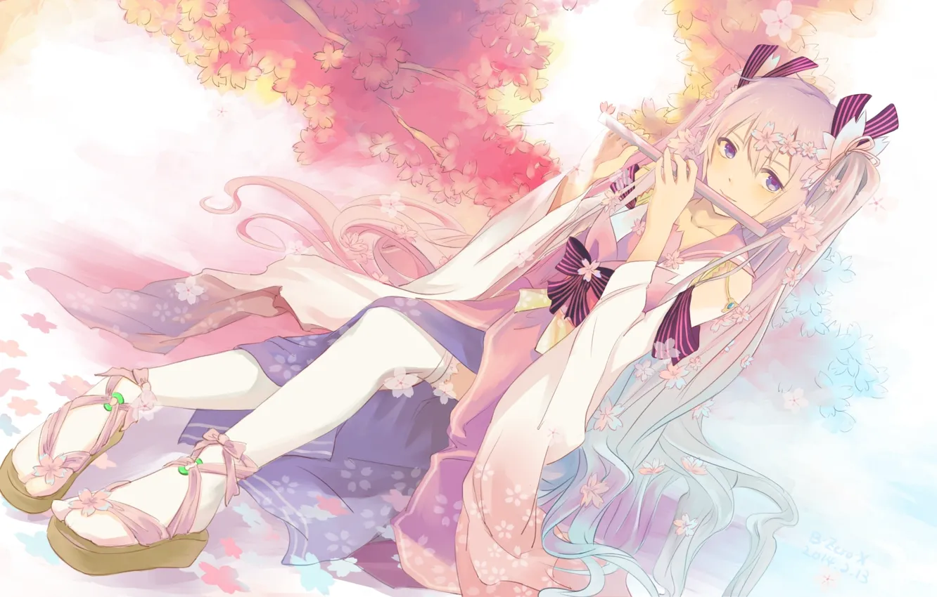 Photo wallpaper girl, tree, petals, Sakura, art, kimono, vocaloid, hatsune miku