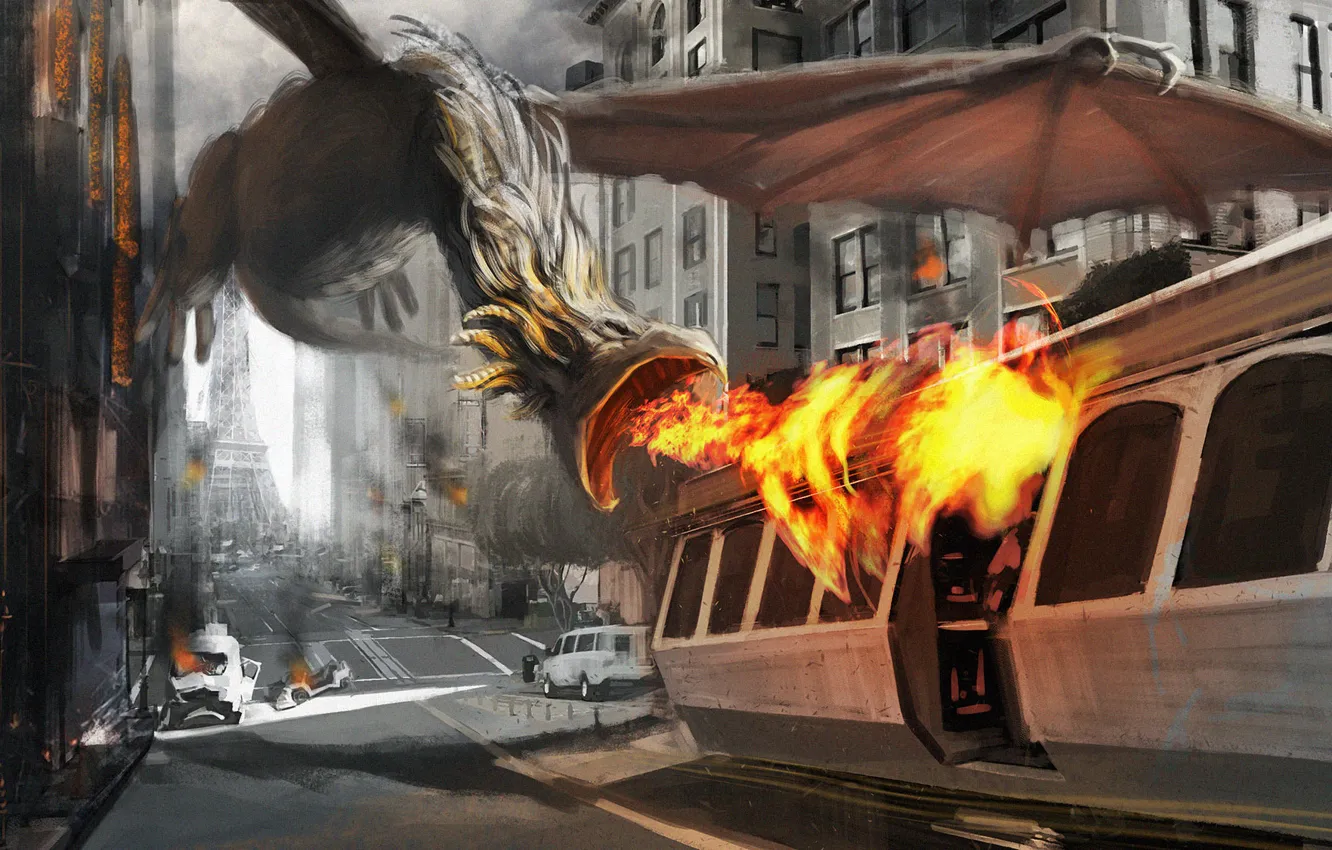 Photo wallpaper the city, lights, street, dragon, Paris, art, attack, tram
