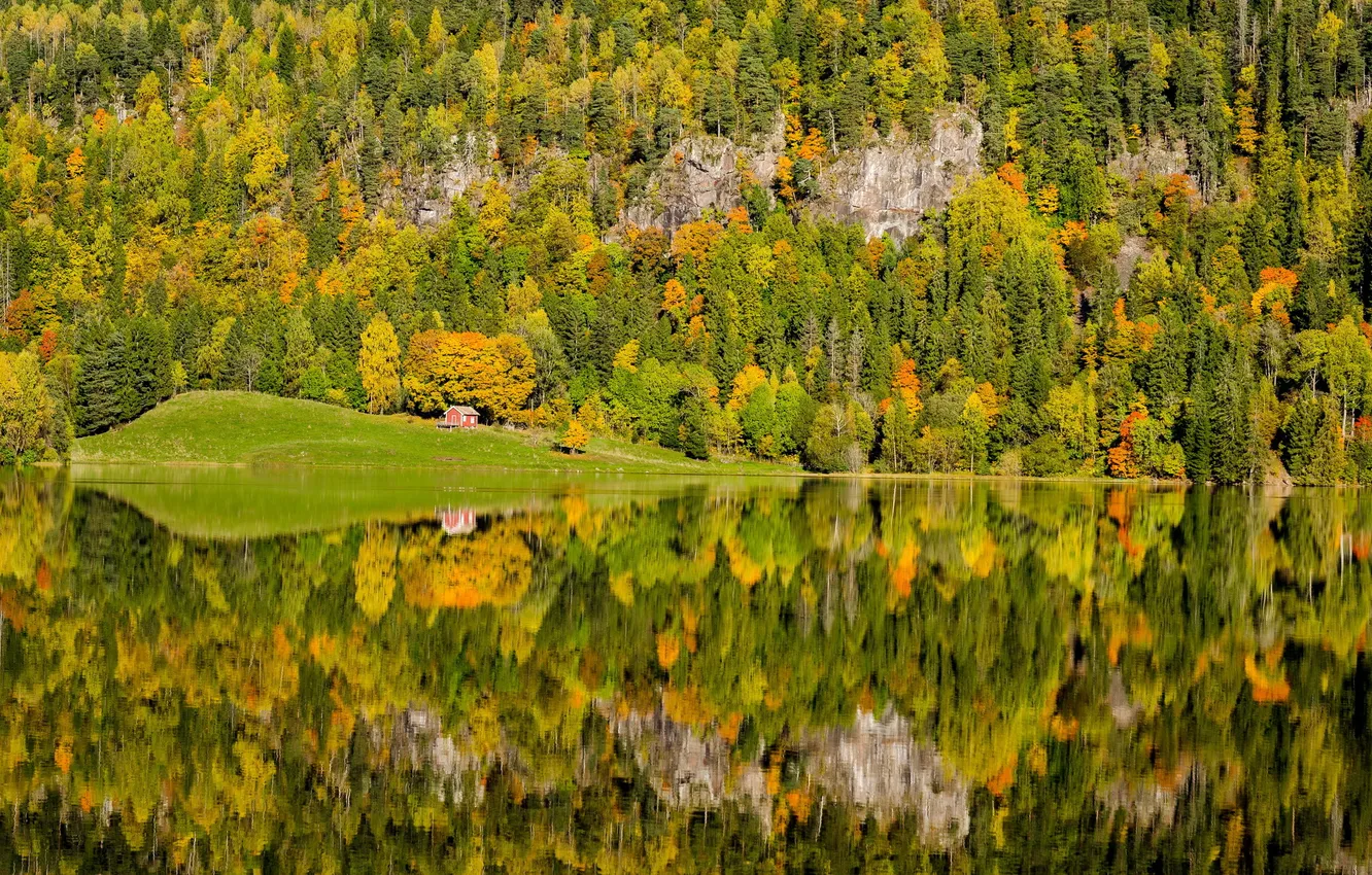 Photo wallpaper autumn, reflection, Norway