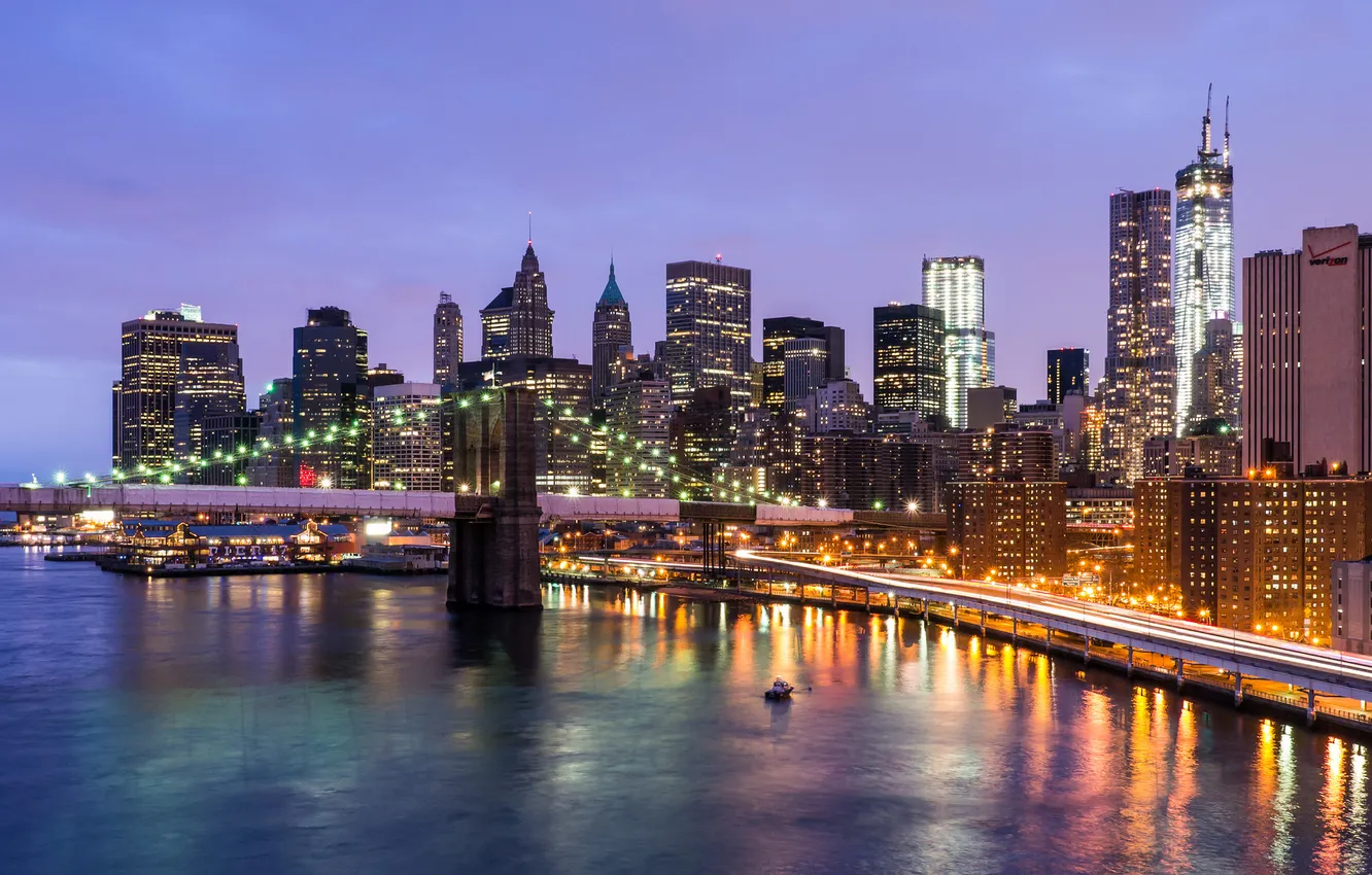 Photo wallpaper road, light, bridge, the city, lights, river, New York, skyscrapers
