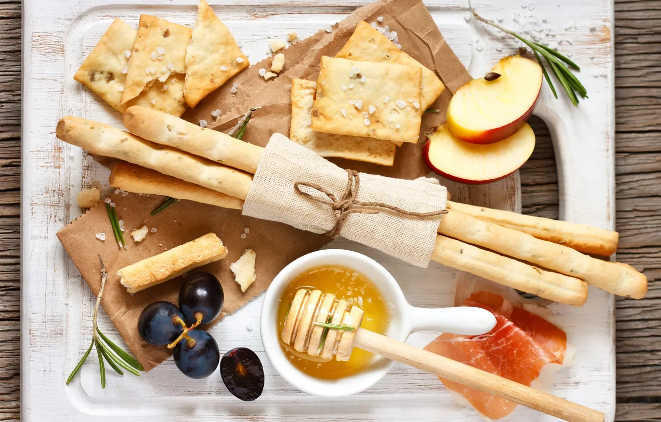 Photo wallpaper apples, food, sticks, honey, bread, grapes, Board, honey