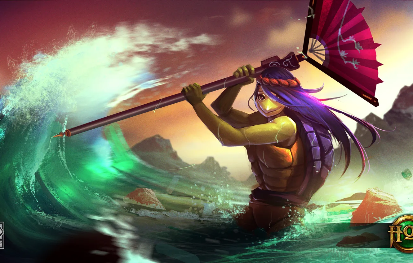 Photo wallpaper sea, wave, water, turtle, fan, staff, bubbles, shell