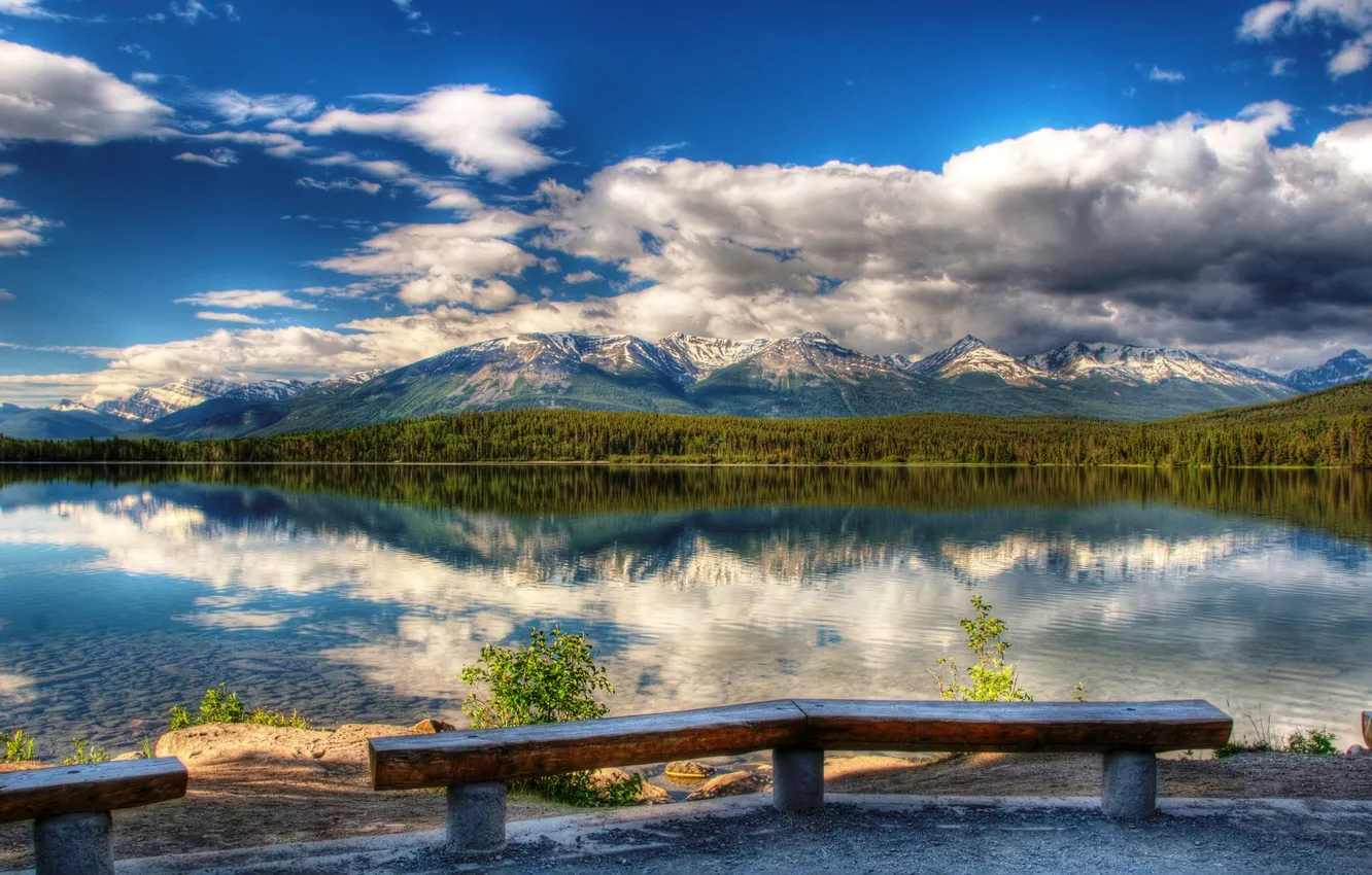 Photo wallpaper forest, mountains, nature, lake, reflection, HDR