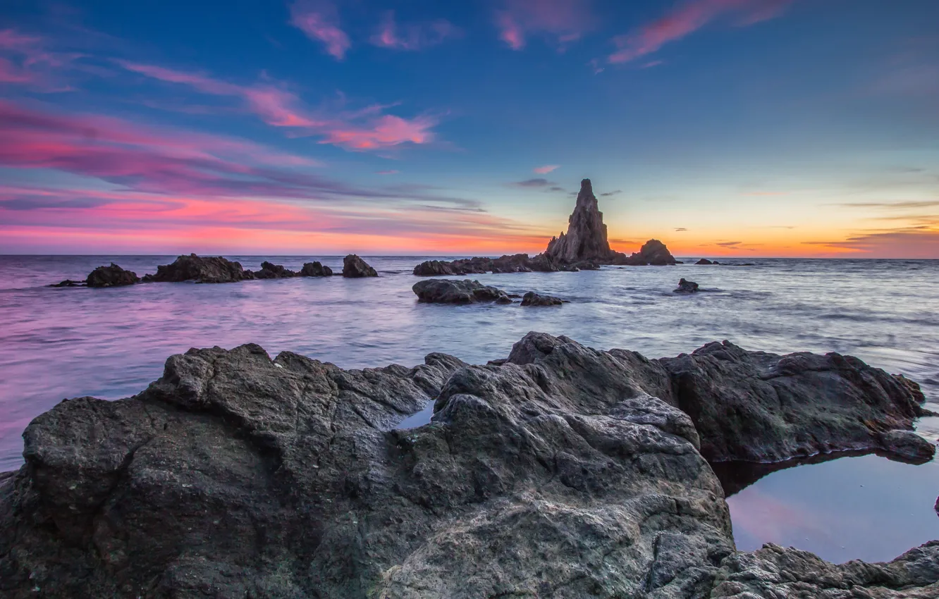 Photo wallpaper sea, wave, stones, coast, Spain, Cabo de Gata
