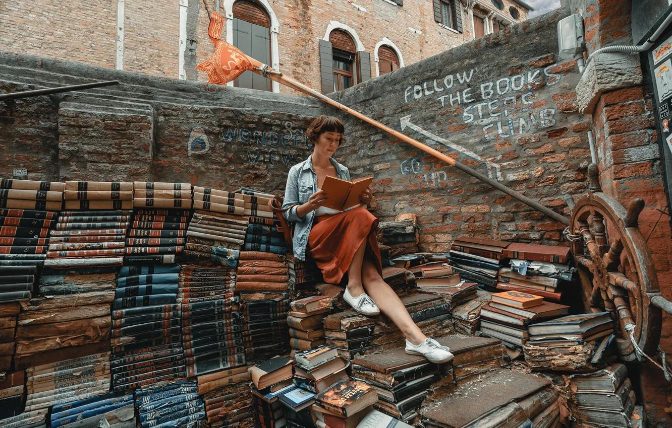Photo wallpaper girl, books, library