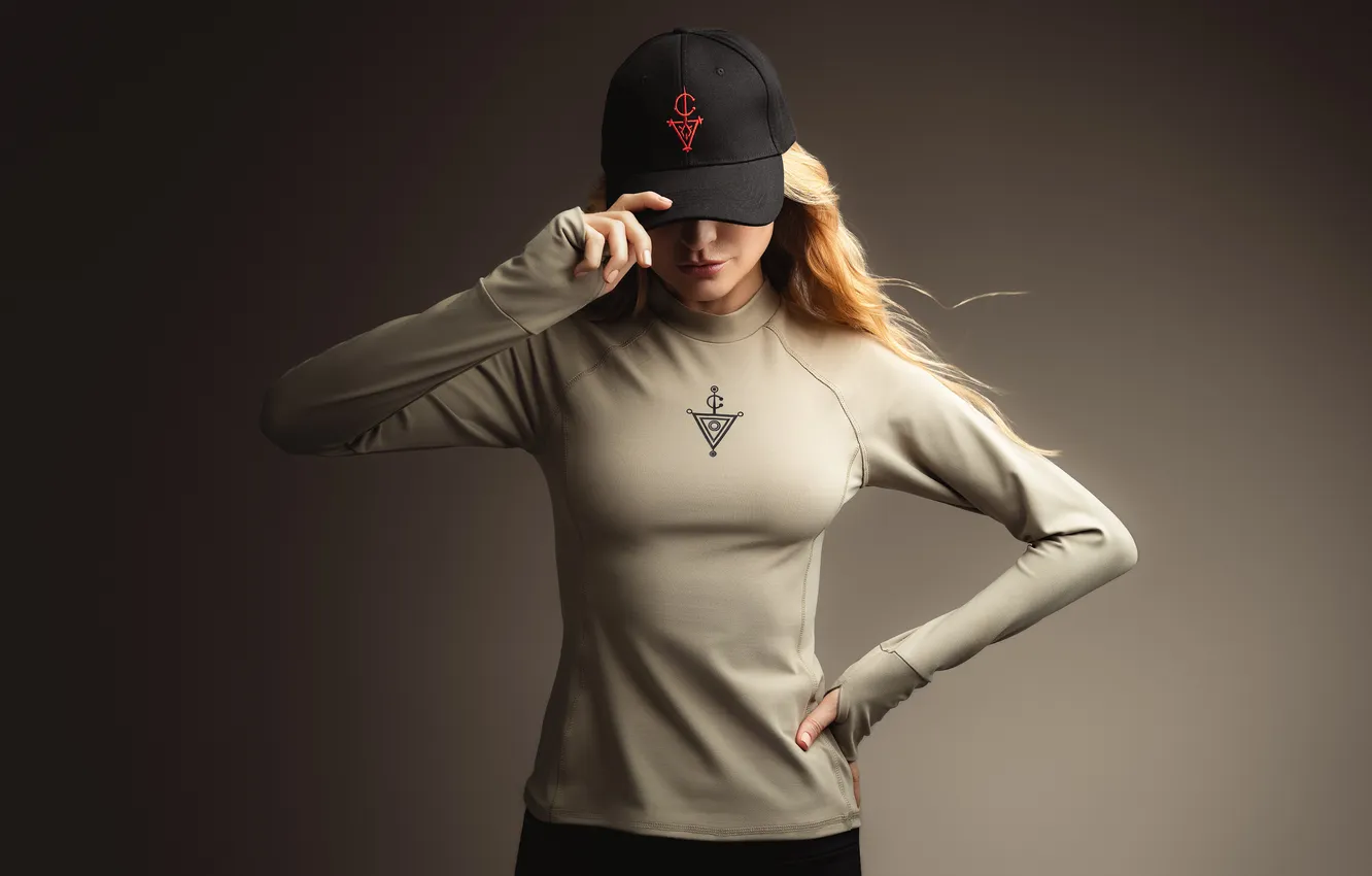 Photo wallpaper girl, pose, cap, turtleneck