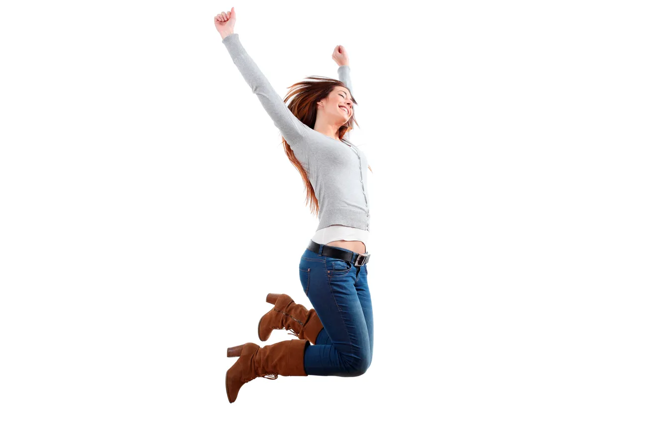 Photo wallpaper girl, joy, pose, smile, jump, jeans, boots, makeup