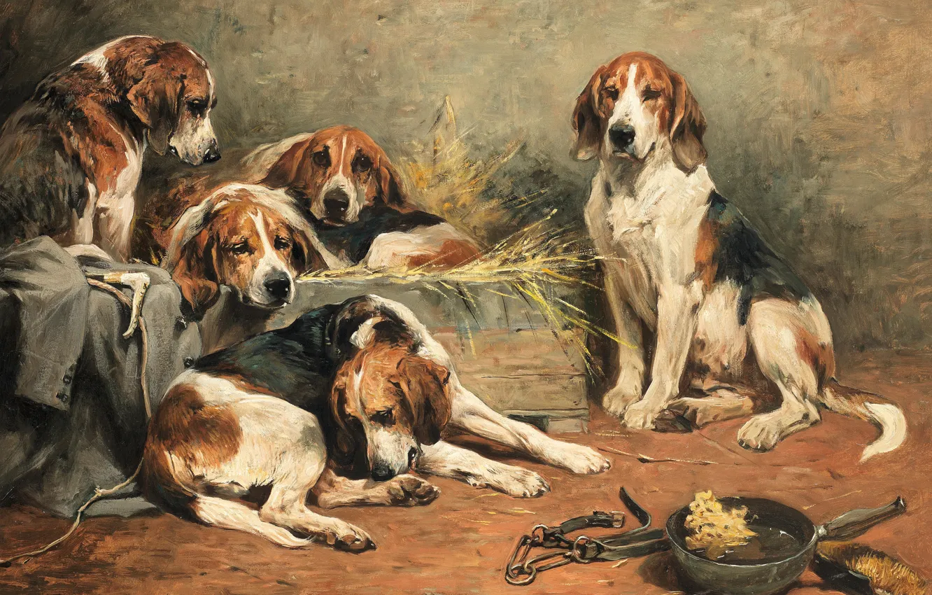 Photo wallpaper 1892, British painter, British painter, oil on canvas, John Emms, John EMMS, Five hounds and …