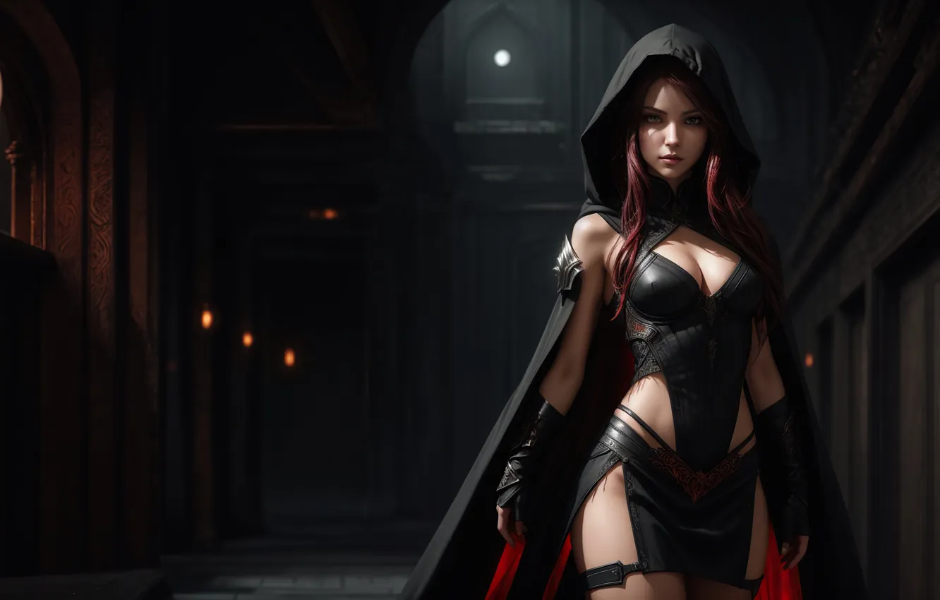 Photo wallpaper girl, fantasy, art, digital art, fantasy art, hood, Red hair, fantasy girl