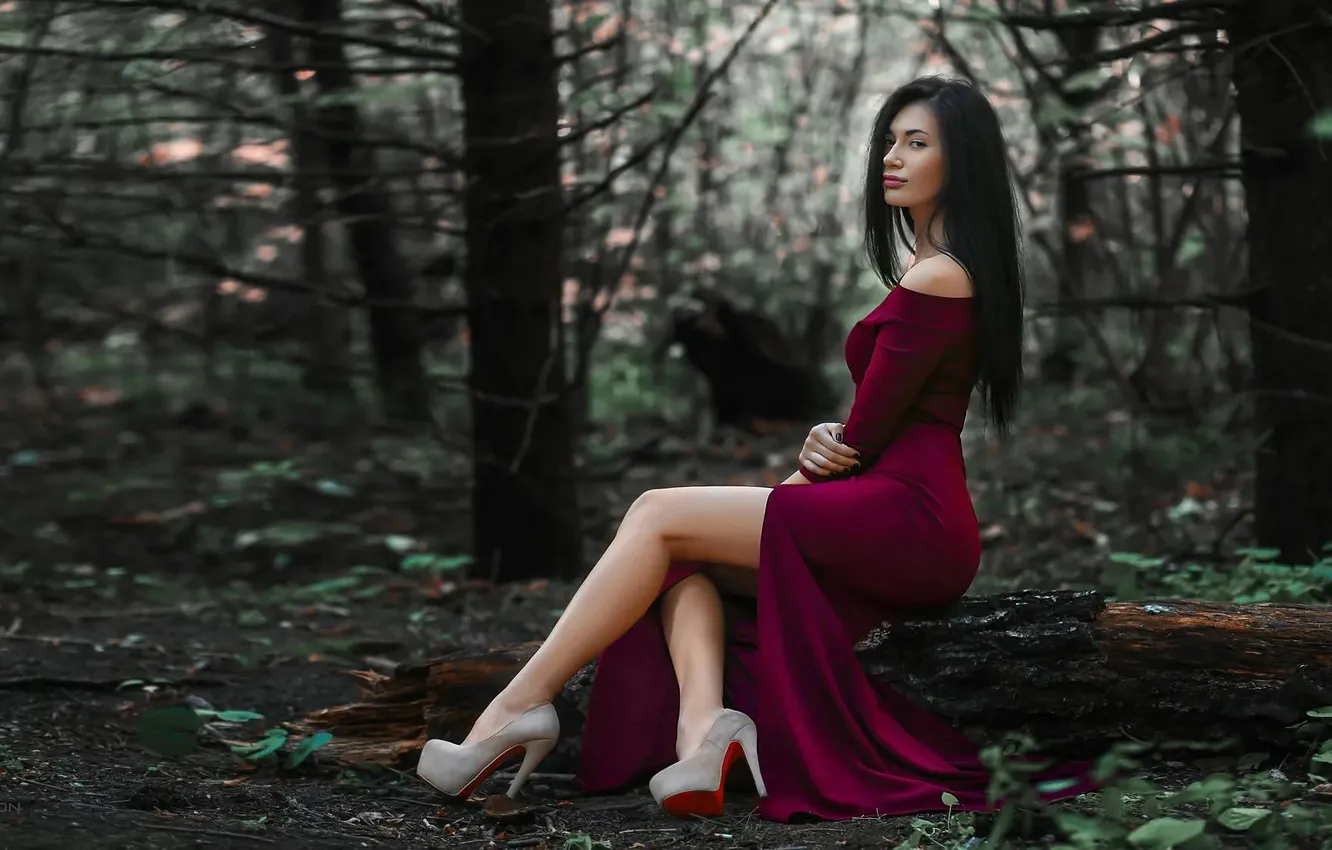 Photo wallpaper girl, dress, legs, pretty, brunette, heels