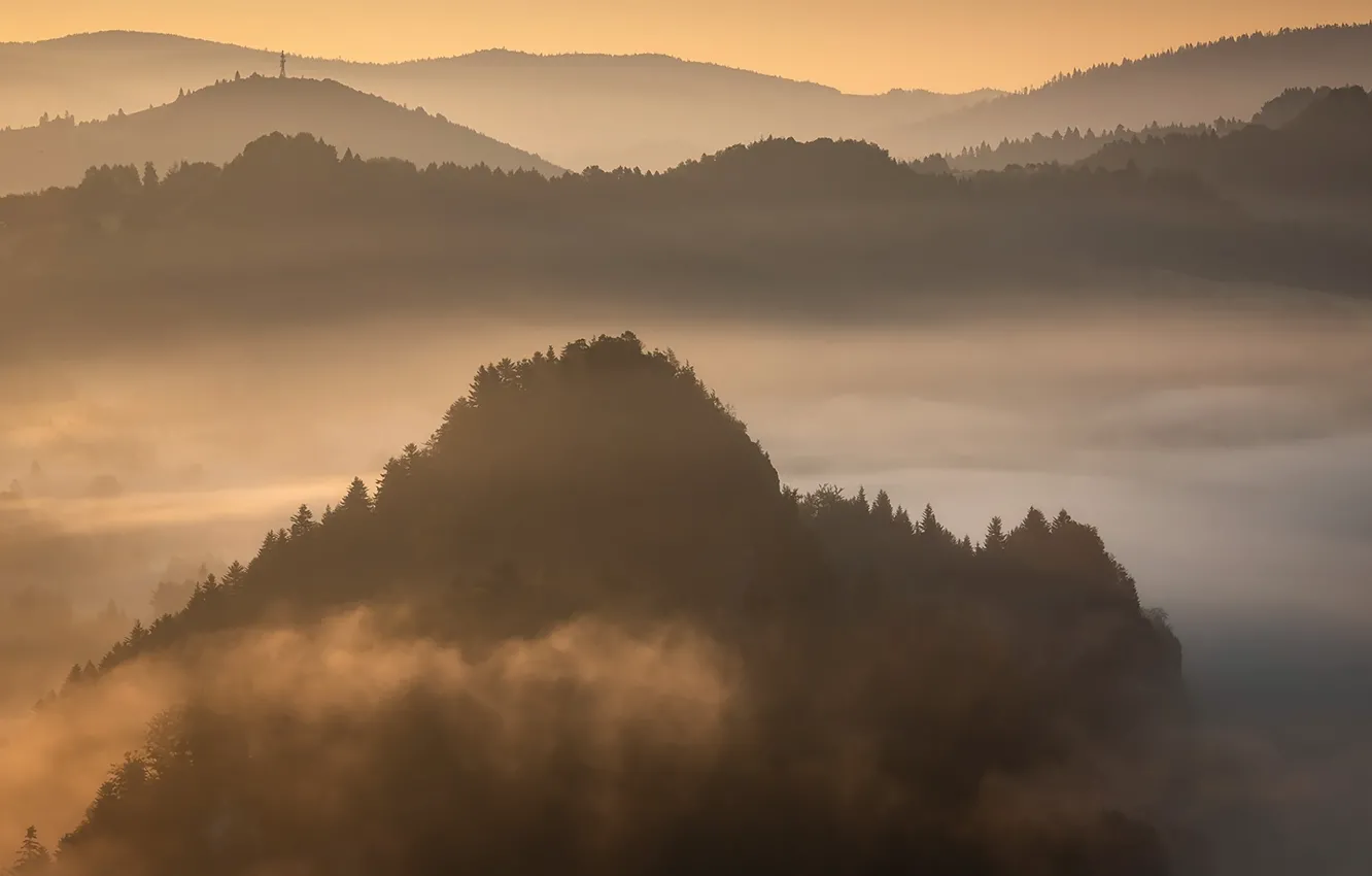 Photo wallpaper Fog, Mountains, River