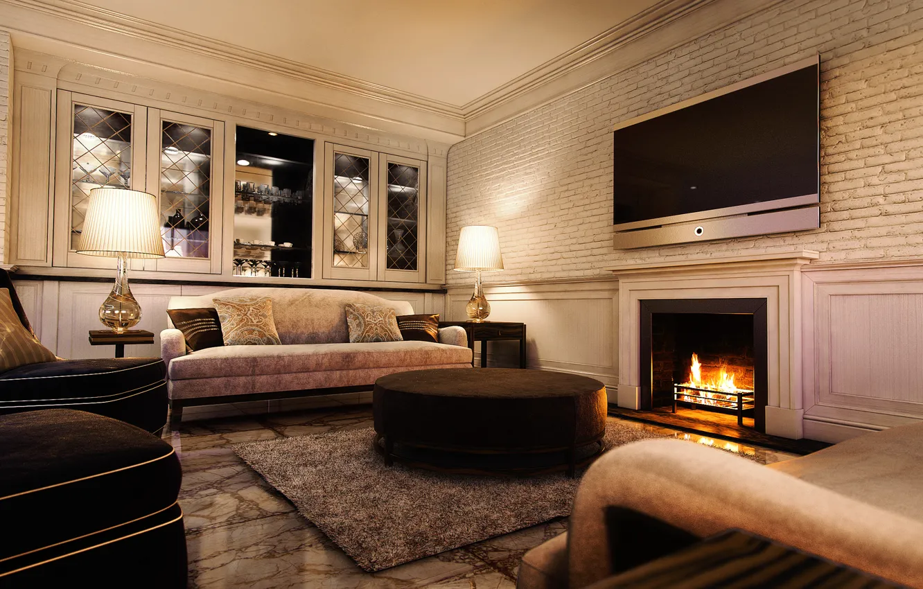 Photo wallpaper furniture, interior, TV, fireplace, soft, living room