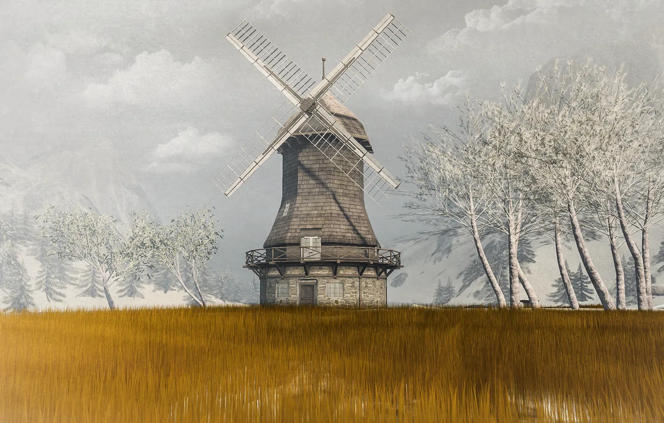 Photo wallpaper field, trees, windmill, mill