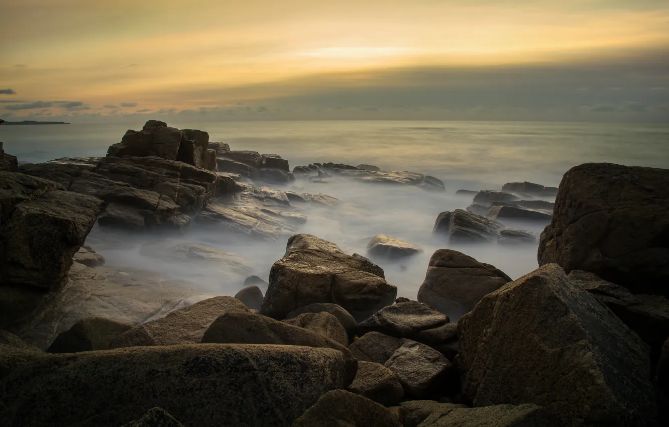 Photo wallpaper fog, shore, sea, clouds, the sky, rocks, stones