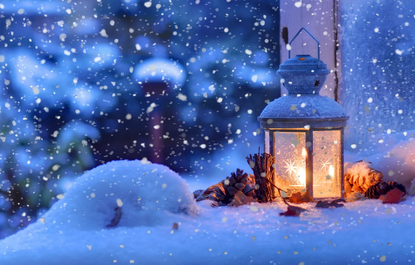 Photo wallpaper winter, macro, snow, snowflakes, mood, Christmas, lantern