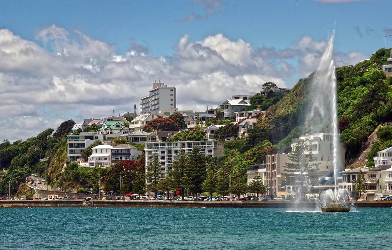Photo wallpaper road, sea, mountains, home, New Zealand, fountain, hotels