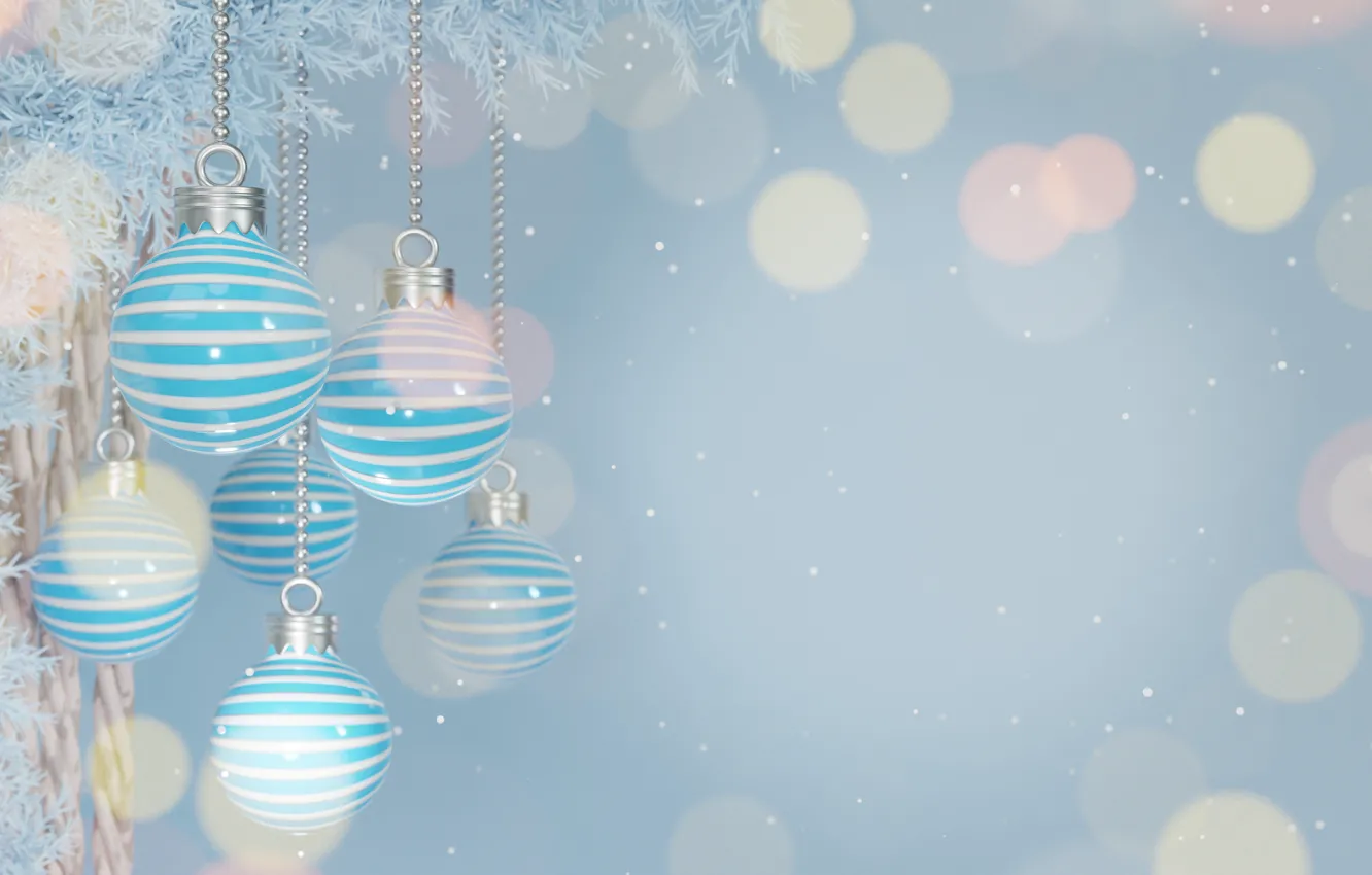 Photo wallpaper frost, balls, strips, branches, blue, graphics, new year, Christmas