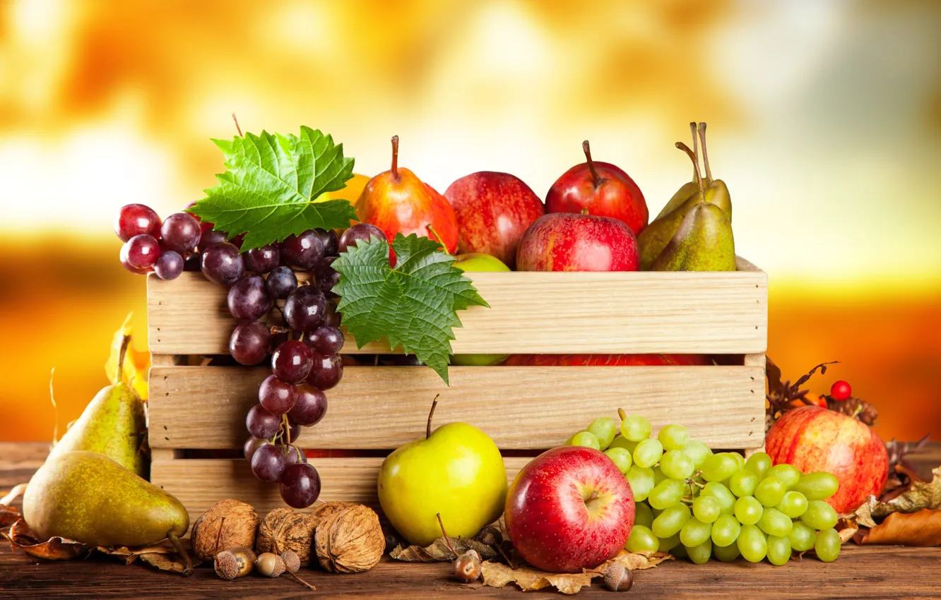 Photo wallpaper autumn, apples, harvest, grapes, fruit, nuts, box, pear