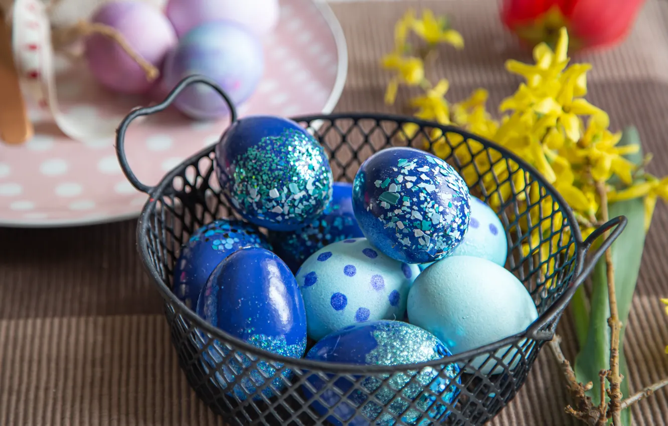 Photo wallpaper blue, flowers, table, holiday, eggs, basket, Easter, eggs
