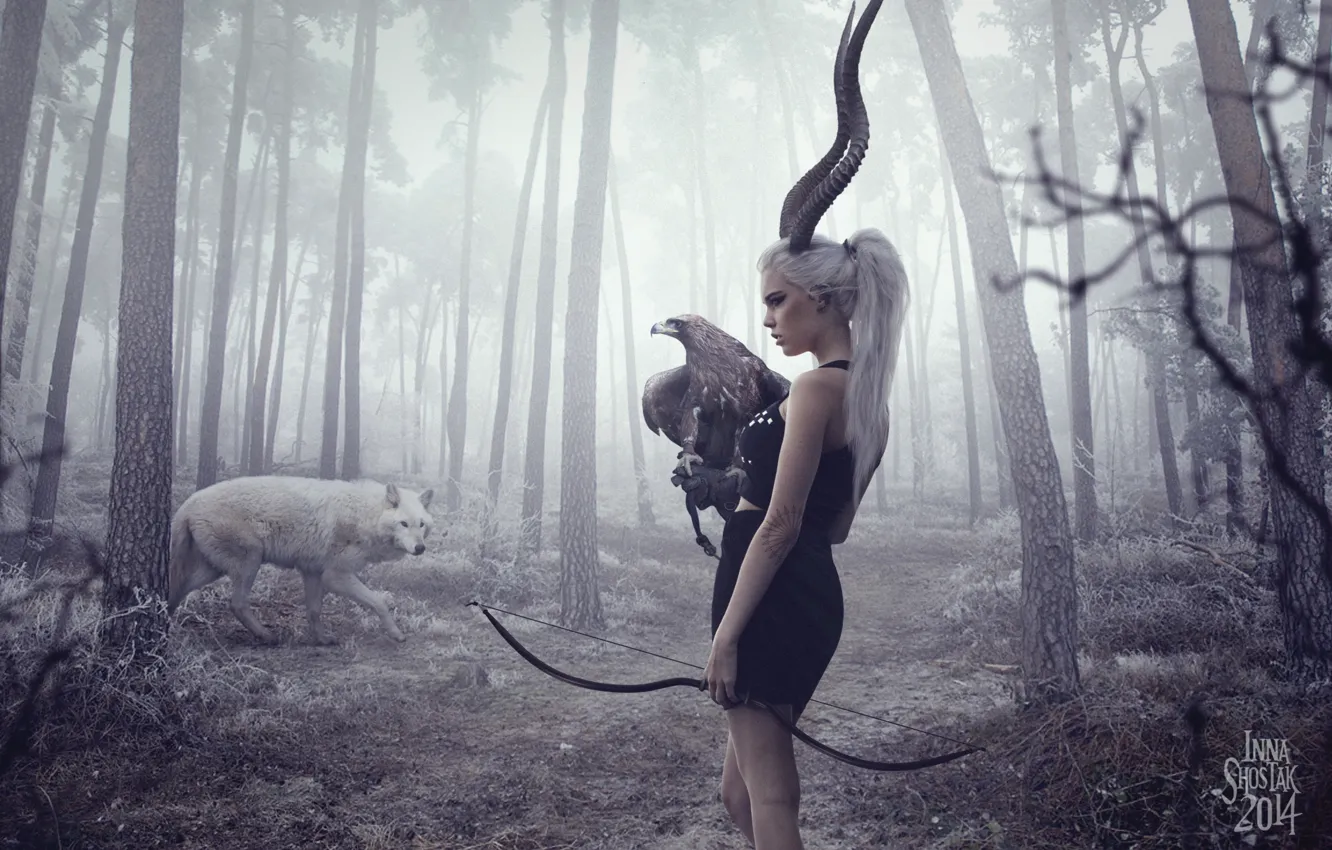 Photo wallpaper forest, girl, trees, eagle, wolf, bow, horns, arrows