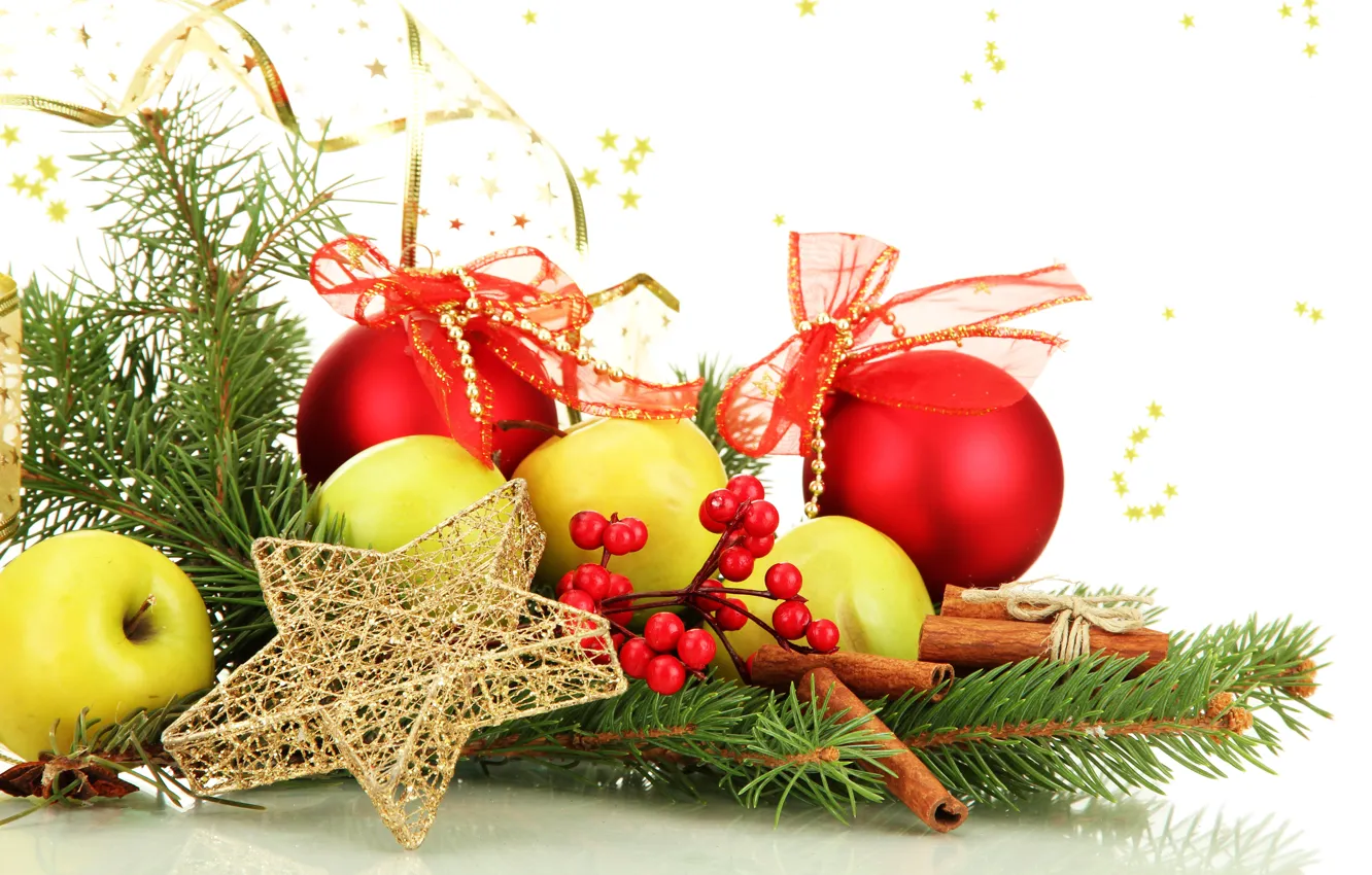 Photo wallpaper stars, balls, branches, red, green, berries, holiday, balls