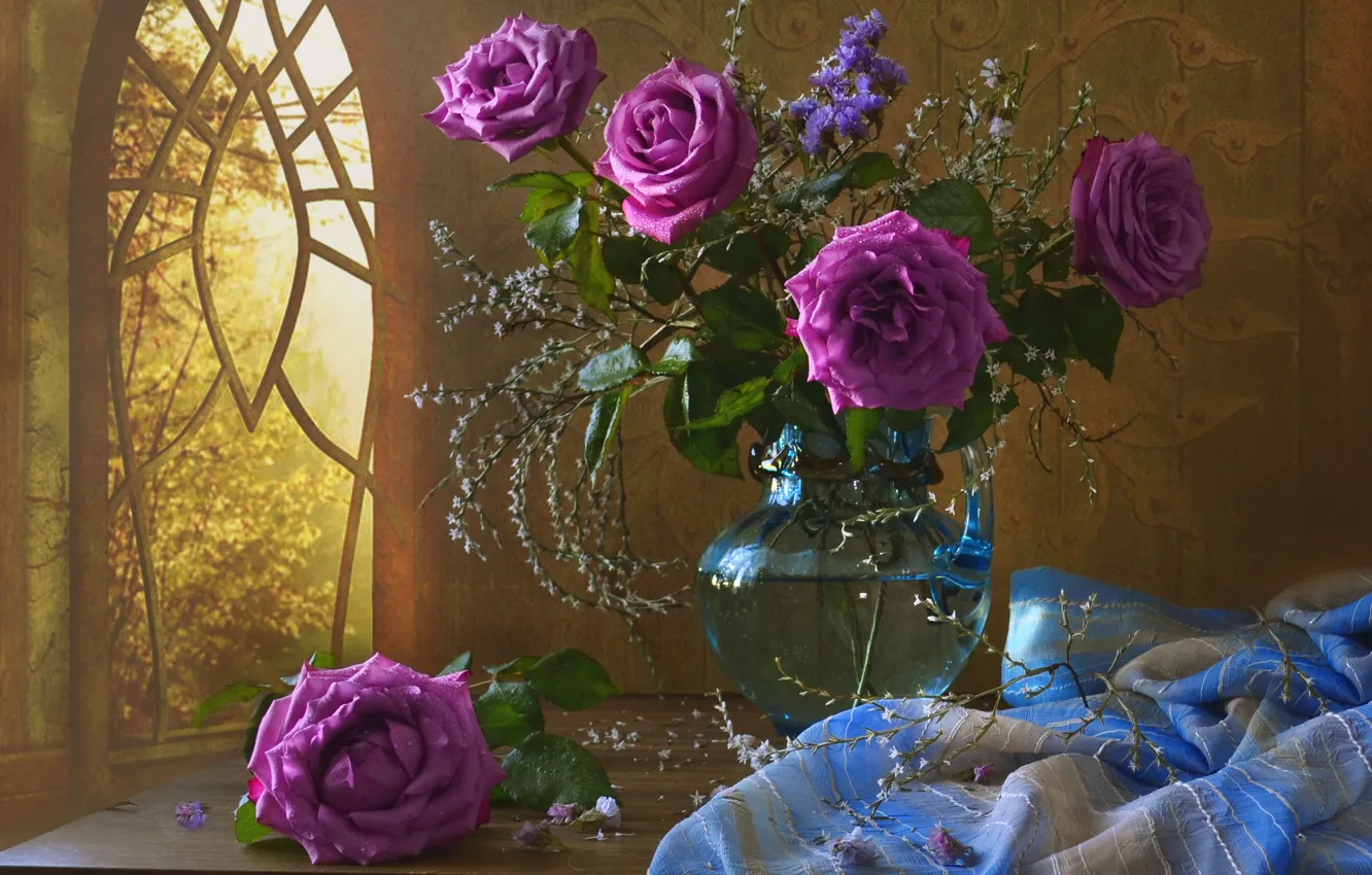 Photo wallpaper flowers, roses, window, fabric, vase, table, Valentina Fencing