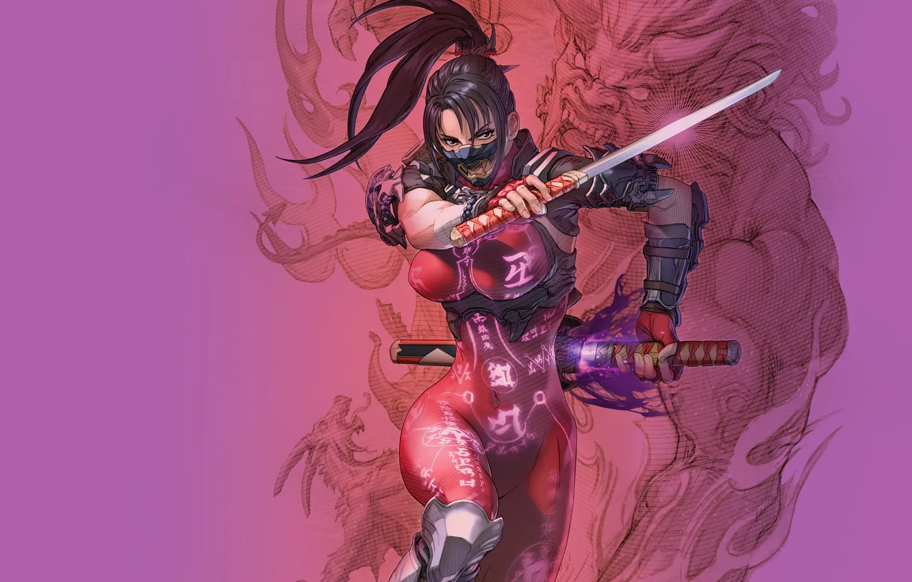 Photo wallpaper sword, Soul Calibur, bodysuit, anime, brunette, mask, tight clothing, Ninja Girl