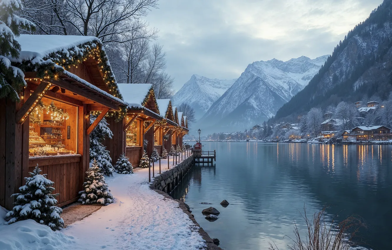 Photo wallpaper winter, snow, decoration, mountains, city, the city, lake, street