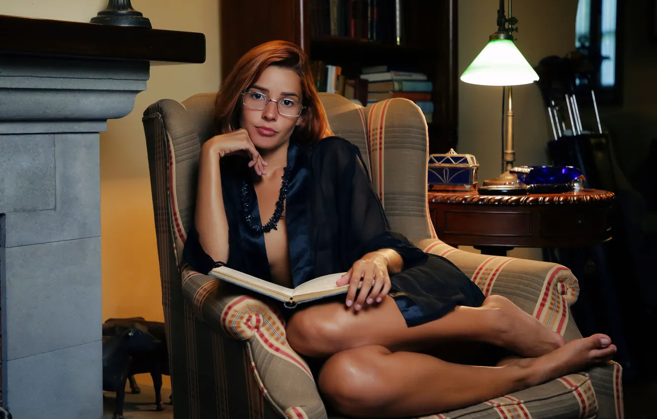 Photo wallpaper evening, model, glasses, reading, robe, Agatha Vega, ON The Chair