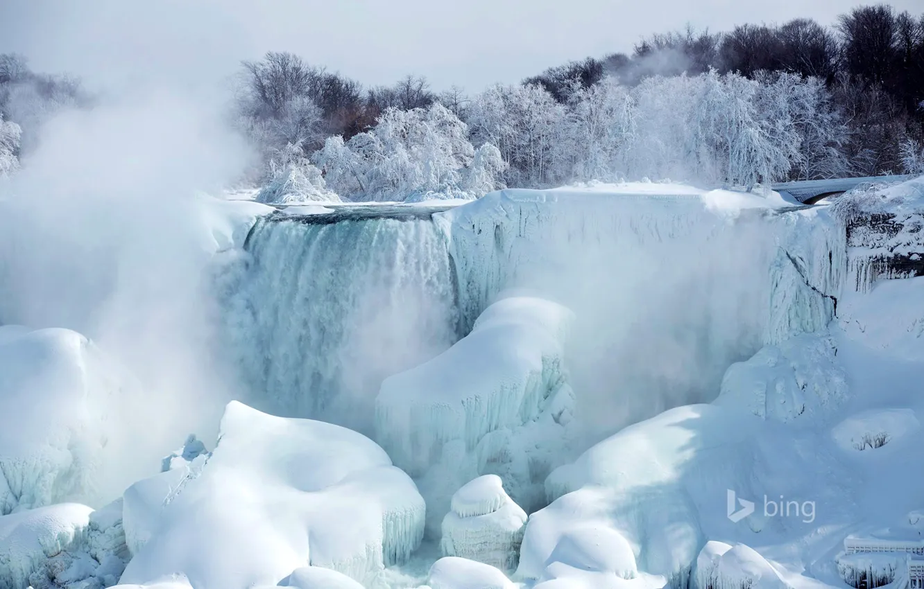 Photo wallpaper ice, snow, trees, river, Niagara, Canada, Ontario, American falls