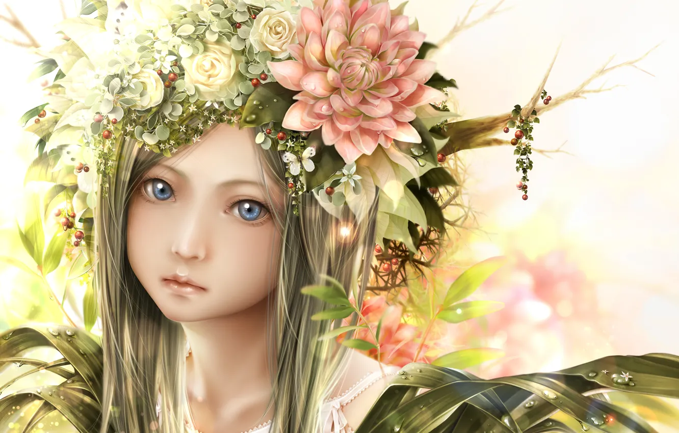 Photo wallpaper girl, drops, flowers, face, branch, anime, art, bouno satoshi