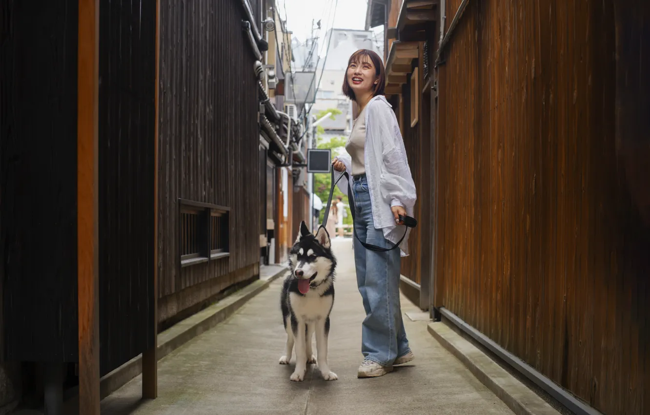 Photo wallpaper woman, dog, asian, cute
