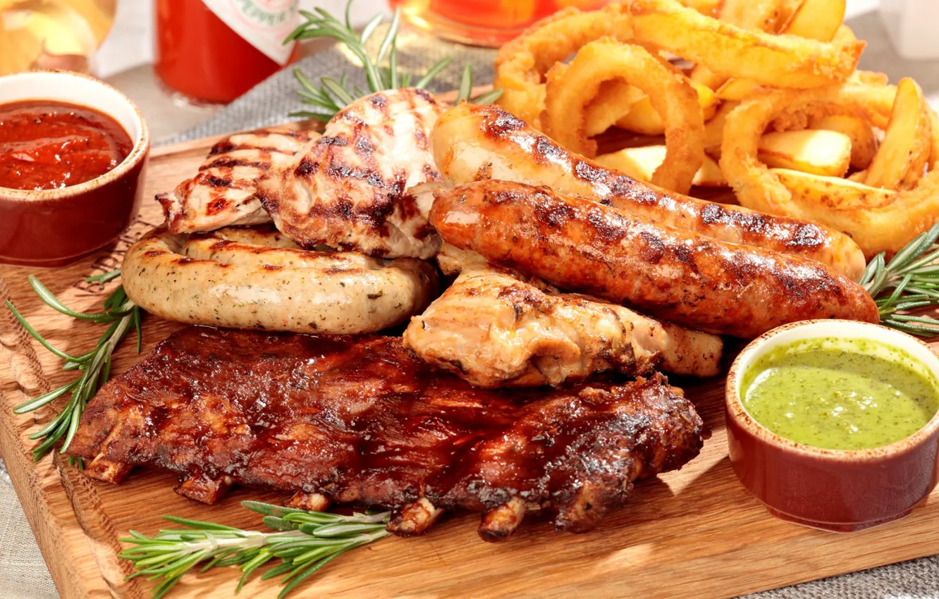 Photo wallpaper sausage, meat, BBQ, sauce, rosemary, cuts