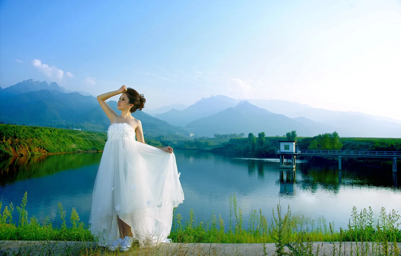 Photo wallpaper look, girl, pose, lake, Marina, hairstyle, house, Asian