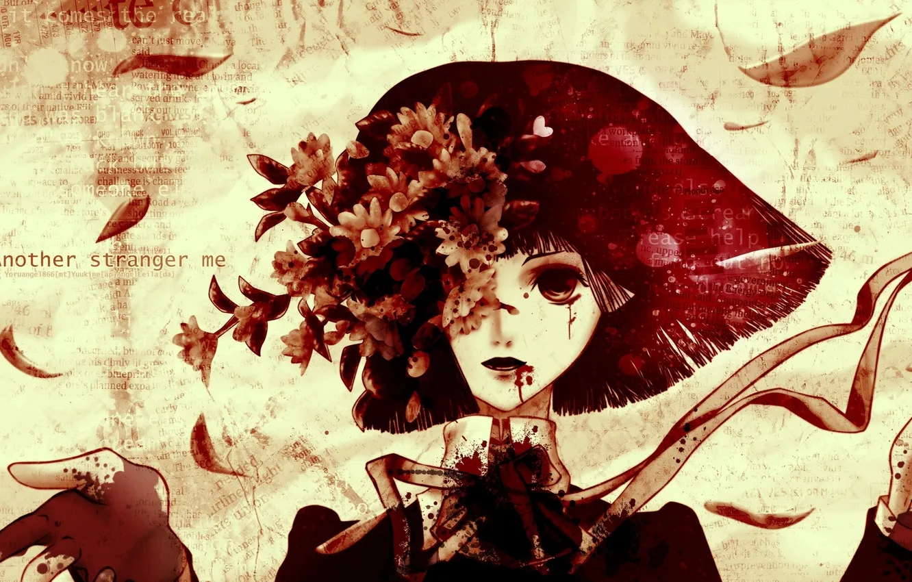 Photo wallpaper girl, flowers, squirt, text, blood, petals, font