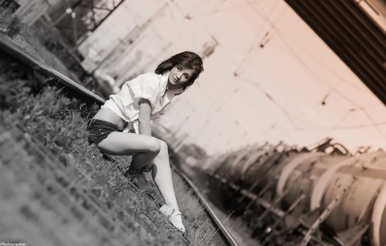 Photo wallpaper girl, rails, cars, Photographer Yuri Clerks, railway.