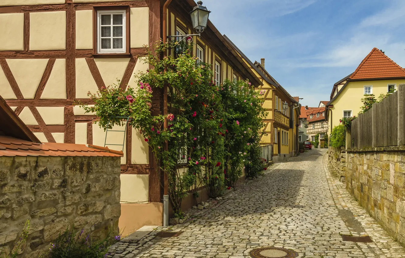 Photo wallpaper flowers, street, home, Germany, lane, bridge, Fanari, Bavaria