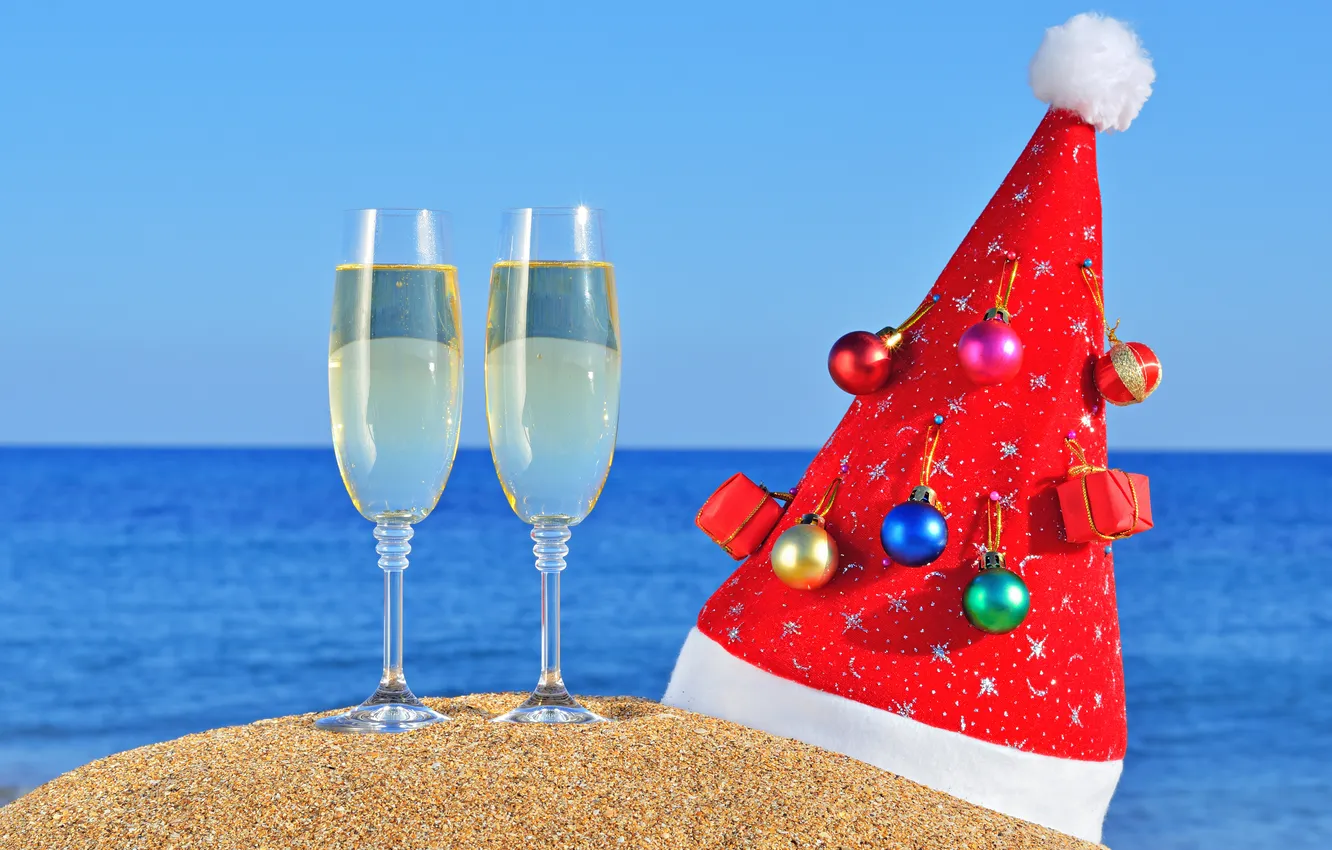 Photo wallpaper sand, beach, holiday, toys, new year, Christmas, tree, christmas