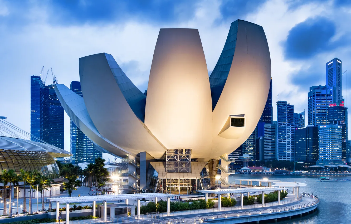 Photo wallpaper building, skyscrapers, crane, promenade, Singapore