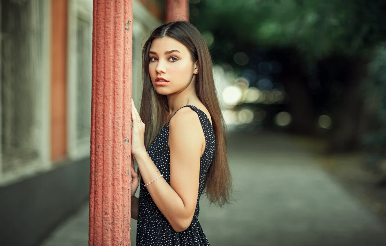 Photo wallpaper look, girl, street, brunette, bokeh, Cherepko Paul