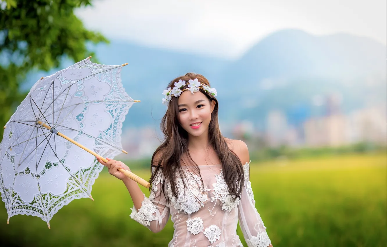 Photo wallpaper girl, umbrella, dress, Asian, wreath, cutie