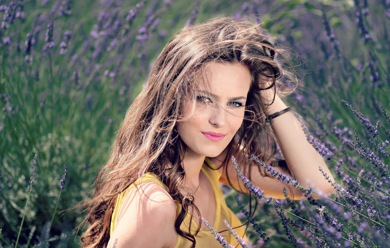 Photo wallpaper field, look, girl, the sun, makeup, hairstyle, brown hair, beautiful