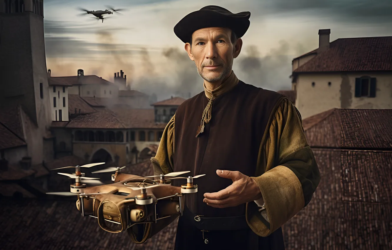 Photo wallpaper male, the middle ages, inventor, drone, AI art, The Art of Artificial Intelligence, neural network