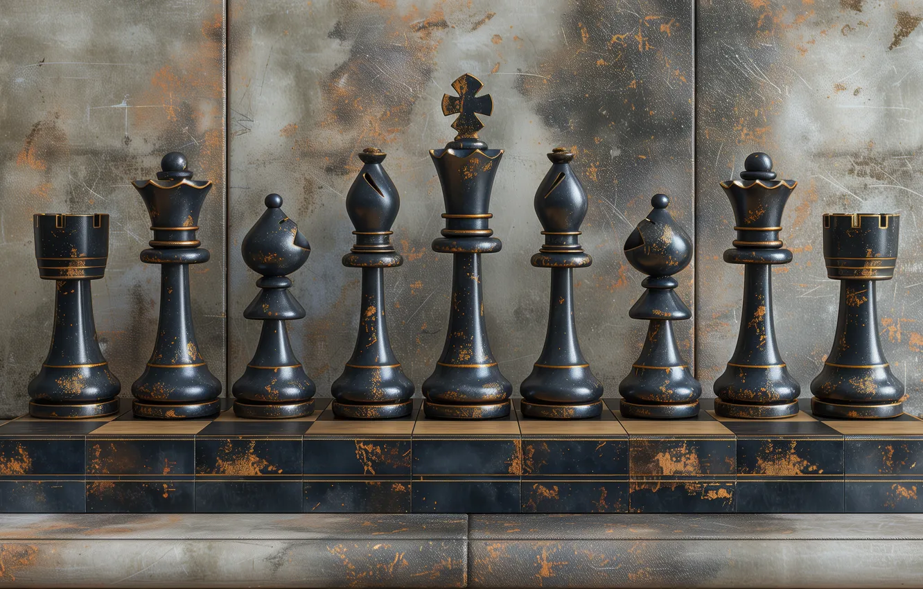 Photo wallpaper chess, grey background, chess Board, black, entourage, king, chess pieces, in a row