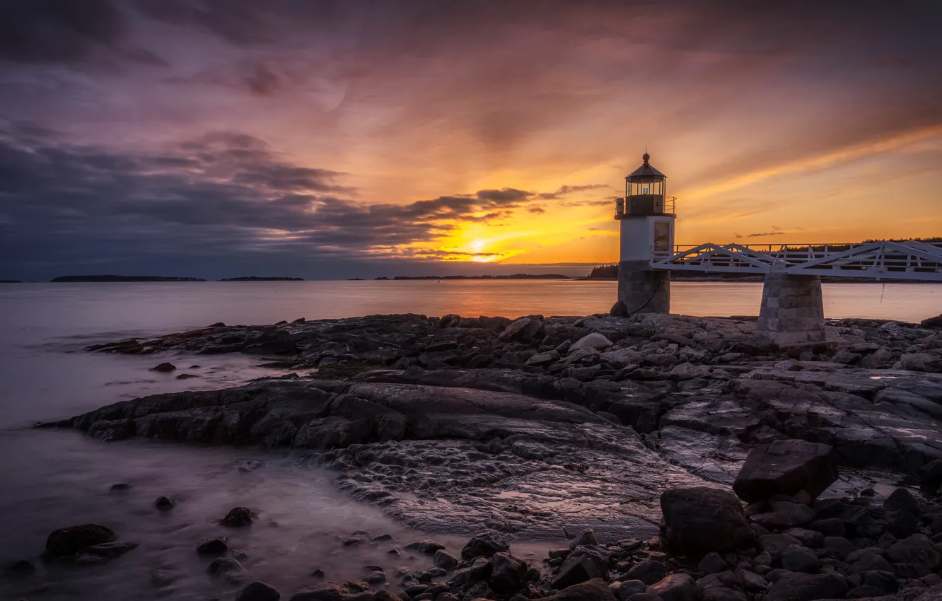 Photo wallpaper sea, sunset, stones, shore, lighthouse, the evening