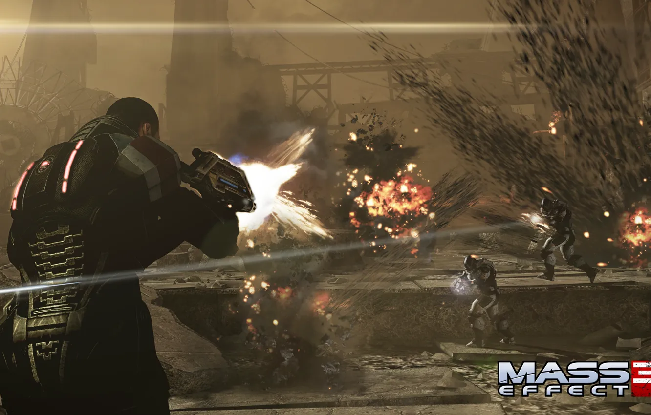 Photo wallpaper explosions, battle, shootout, Shepard, Mass Effect 3, Shepard, Cerberus, rifle &ampquot;Defender&ampquot;