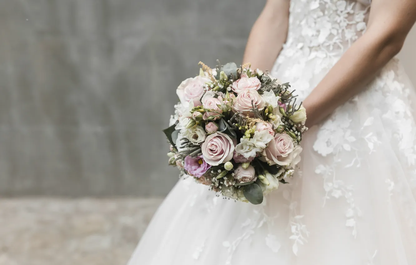 Photo wallpaper girl, bouquet, dress, the bride, wedding