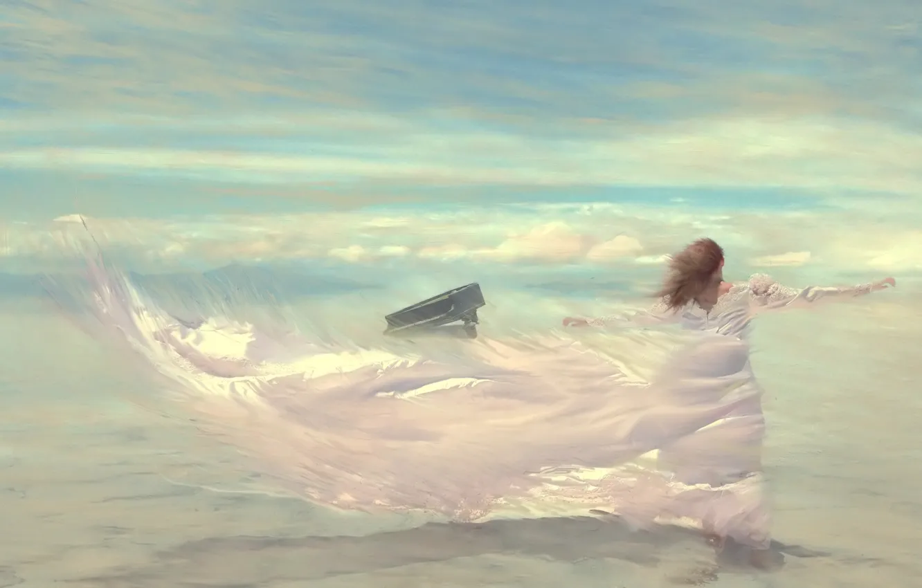 Photo wallpaper the sky, girl, clouds, the wind, figure, dress, piano